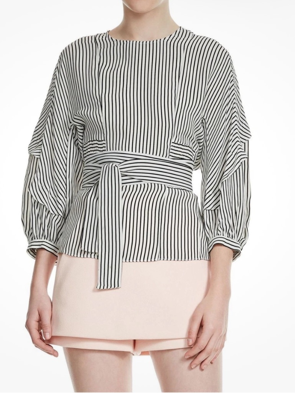 Maje Black and White Striped Tie-Waist Blouse